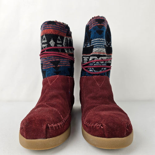 TOMS Nepal Burgundy Suede Aztec Print mid-calf Boots Size 8.5