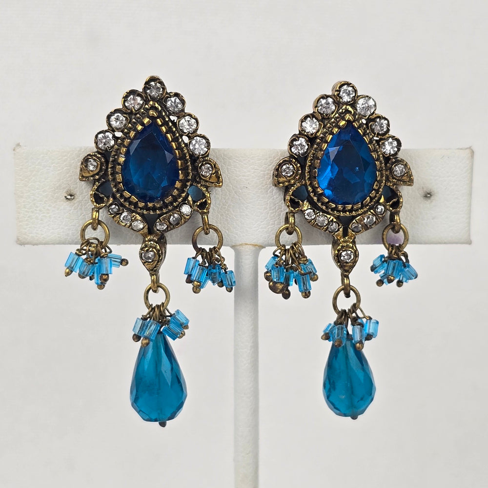Vintage Blue Glass Chandelier Statement Earrings