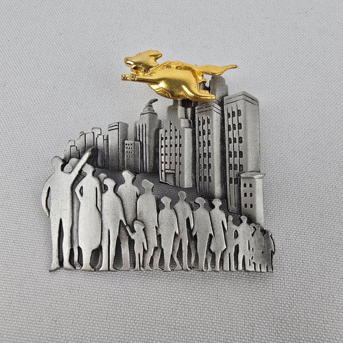 Vintage JJ When Pigs Fly Brooch Pig Flying Over Cityscape Brooch