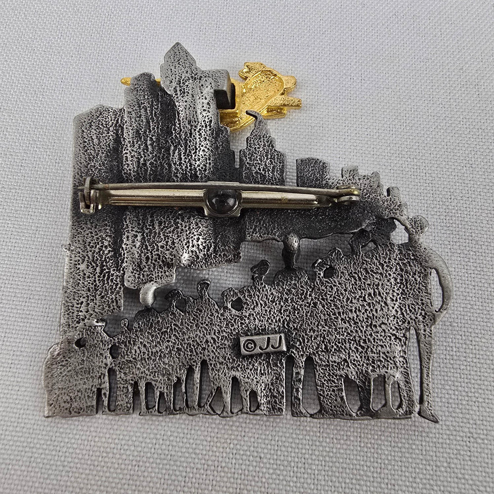 Vintage JJ When Pigs Fly Brooch Pig Flying Over Cityscape Brooch