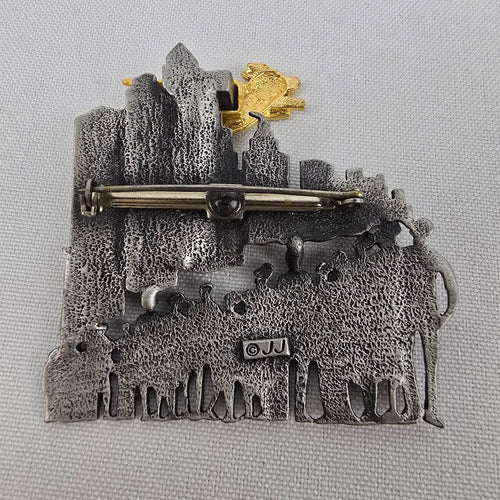Vintage JJ When Pigs Fly Brooch Pig Flying Over Cityscape Brooch