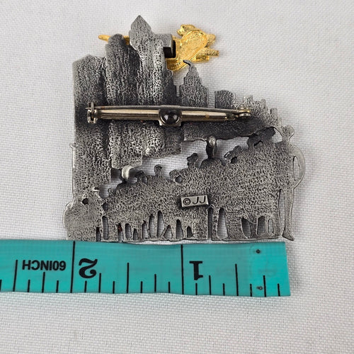 Vintage JJ When Pigs Fly Brooch Pig Flying Over Cityscape Brooch