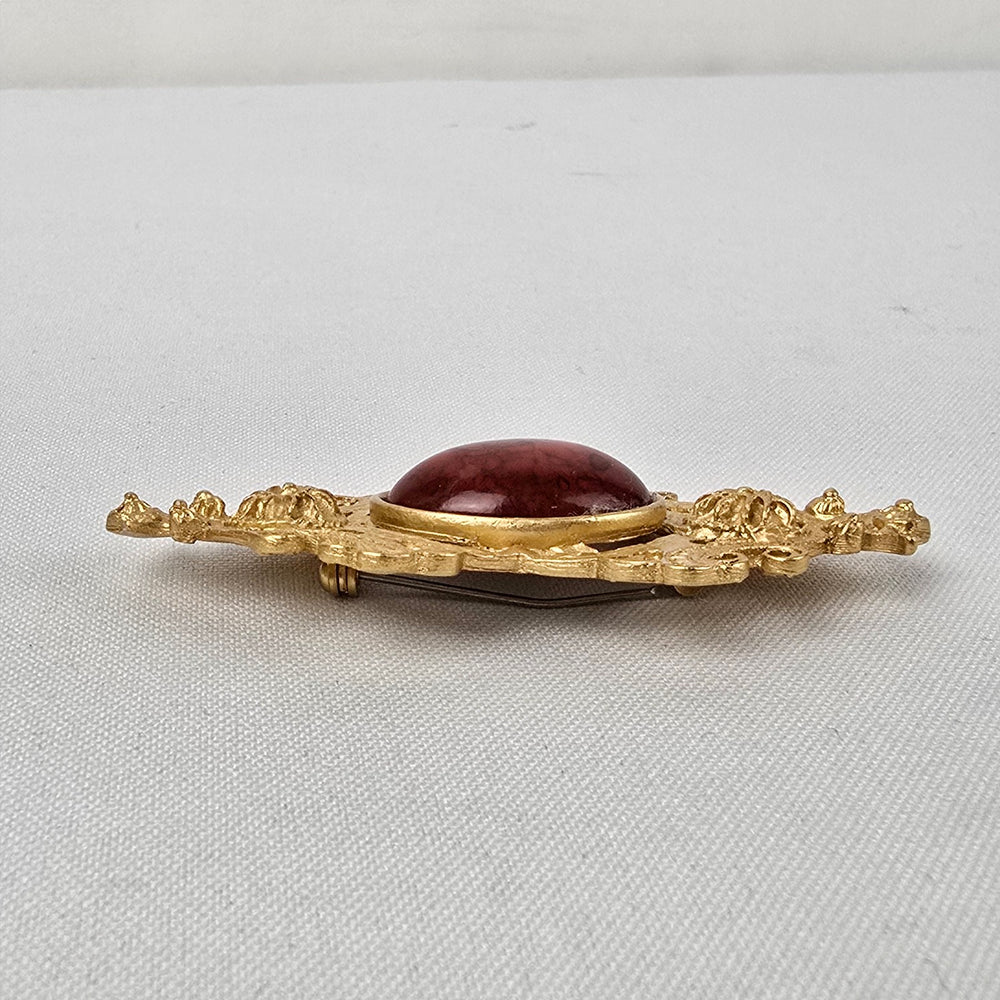Vintage Gold Tone Red Stone Brooch