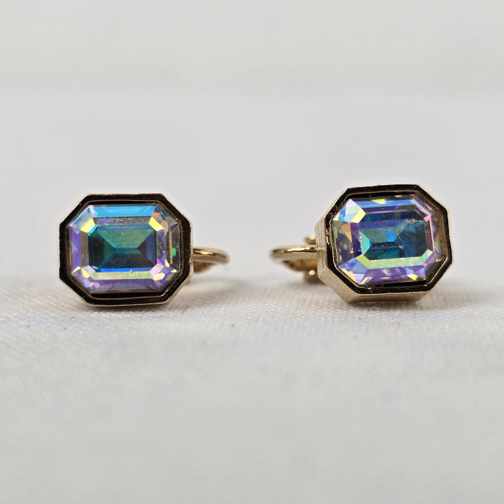 Vintage Avon AB Rhinestone Square Clip On Earrings