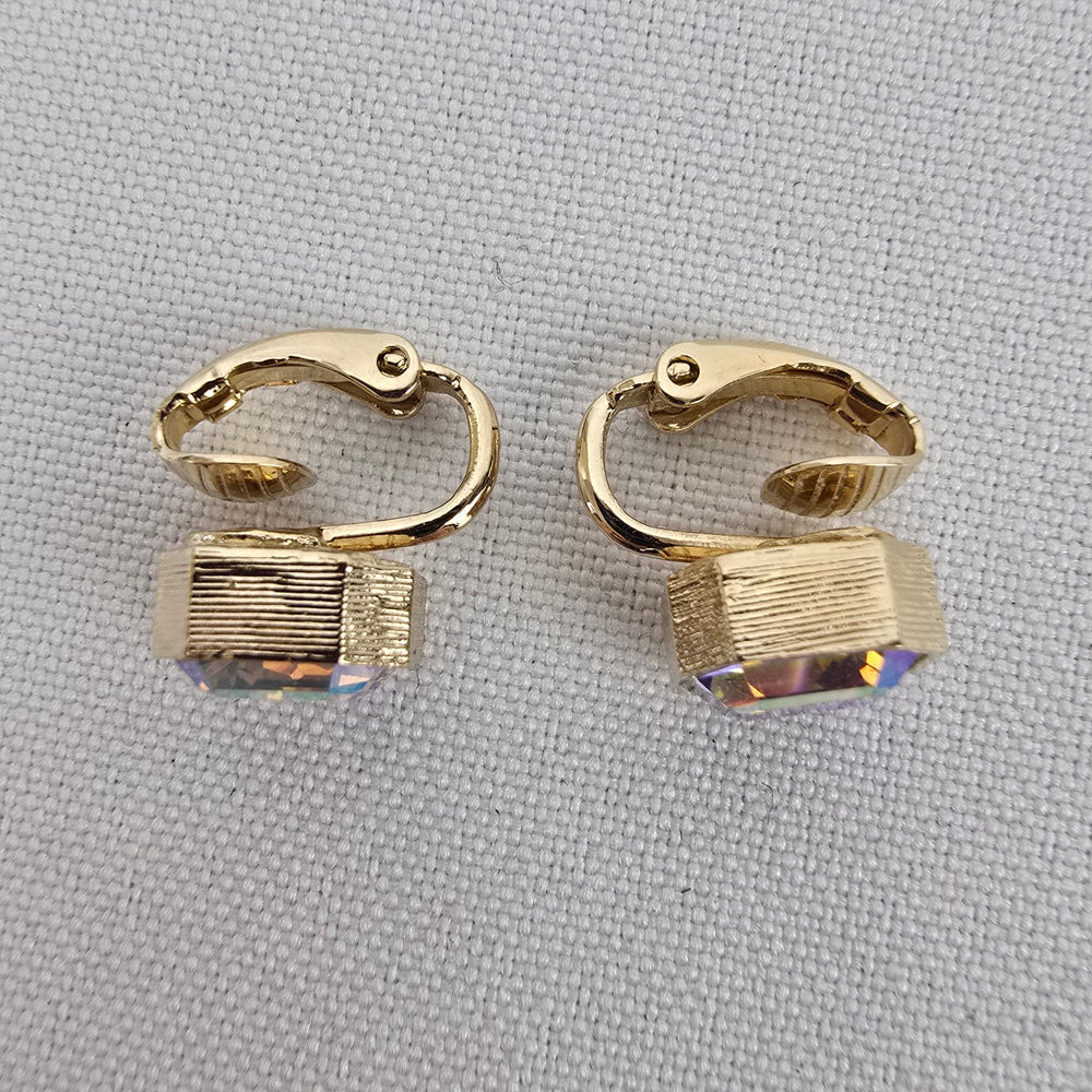 Vintage Avon AB Rhinestone Square Clip On Earrings