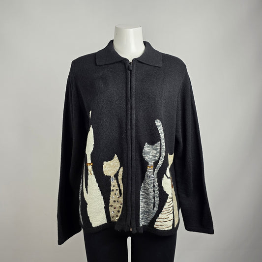 Vintage Alia Black Cat Zip Up Cardigan Size L