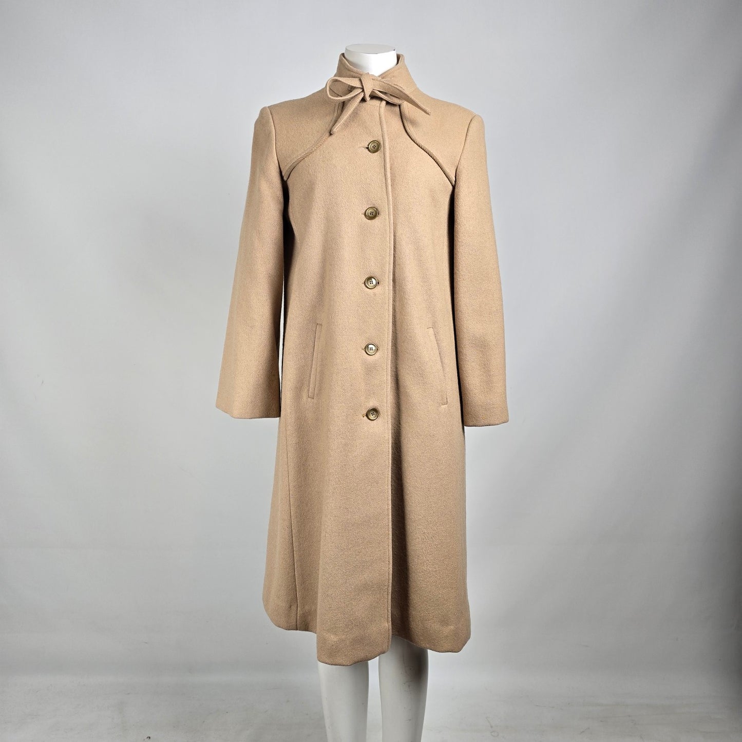 Vintage Camel Brown Wool Neck Tie Pea Coat Size S/M