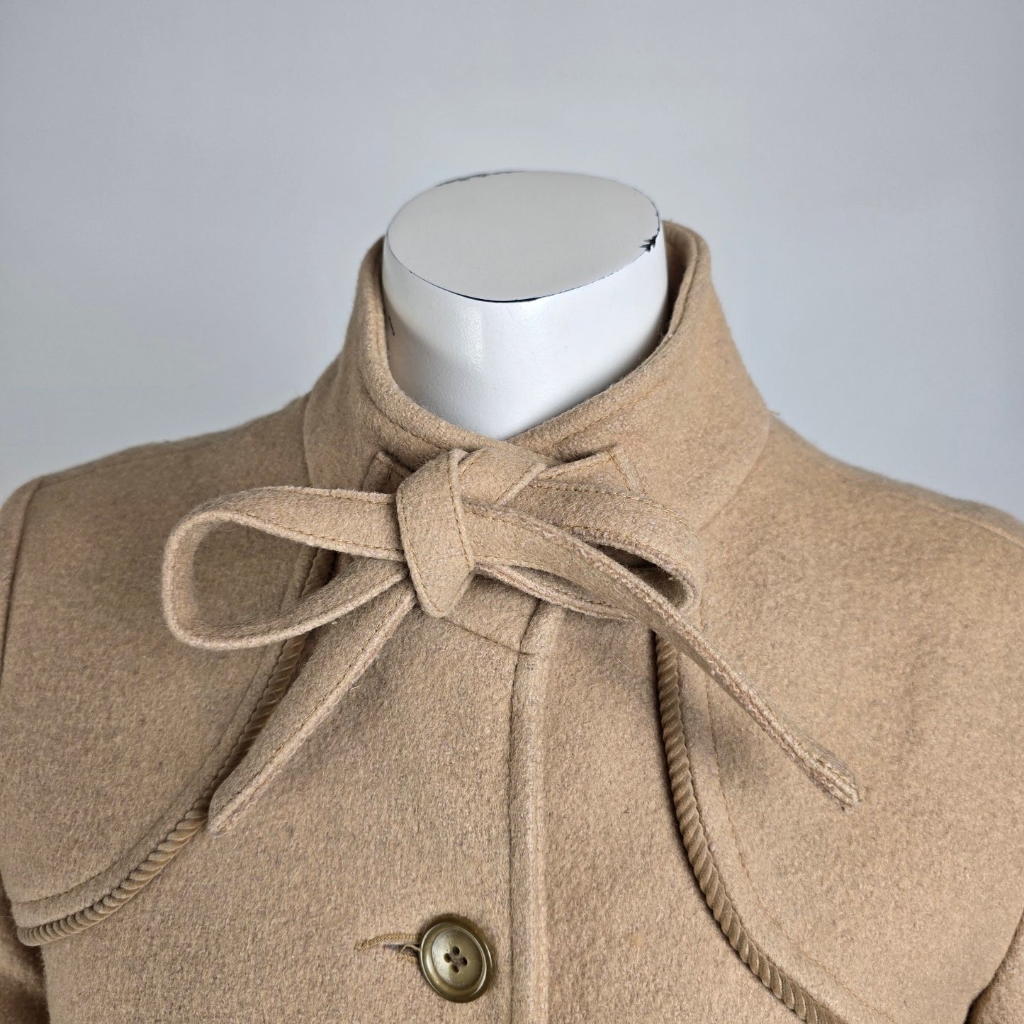 Vintage Camel Brown Wool Neck Tie Pea Coat Size S/M