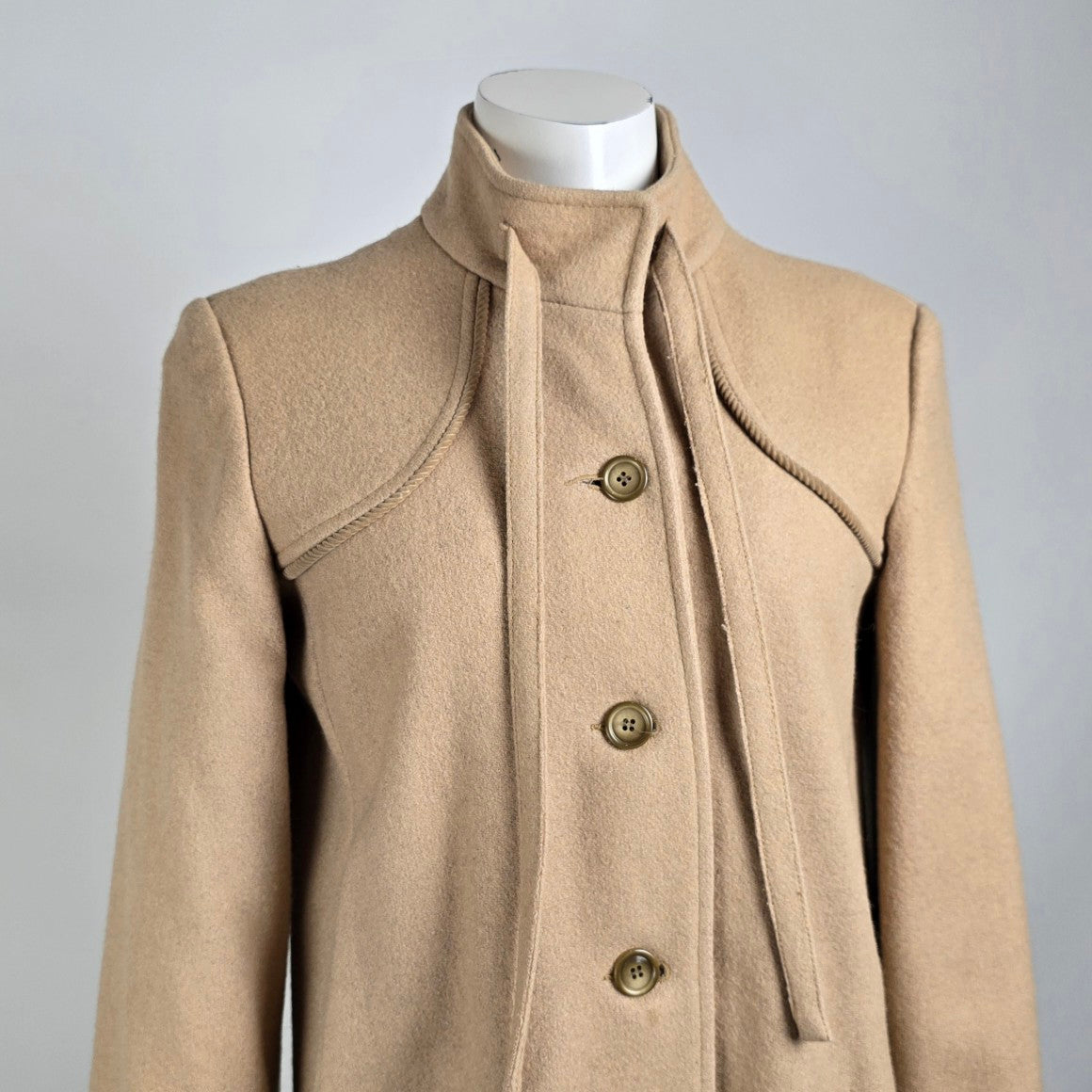 Vintage Camel Brown Wool Neck Tie Pea Coat Size S/M