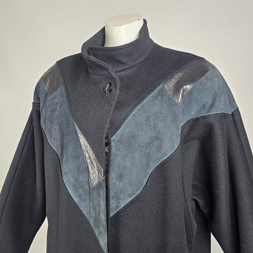 Vintage 80s Black & Grey Wool Suede Button Up Jacket Size XL