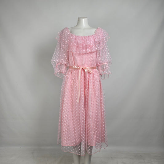 Vintage Memories Pink Polka Dot Lace Midi Dress Size L