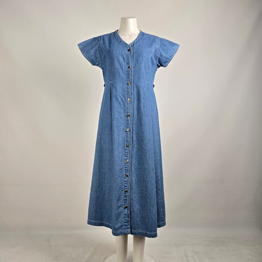 Vintage Nevada Blue Cotton Button Up Midi Denim Dress Size 10