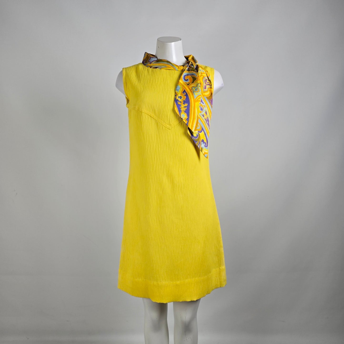 Vintage 70s Yellow Neck Tie Shift Dress Size M