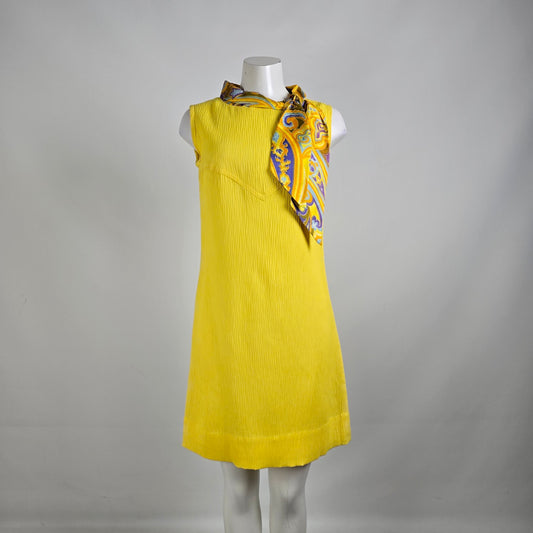 Vintage 70s Yellow Neck Tie Shift Dress Size M