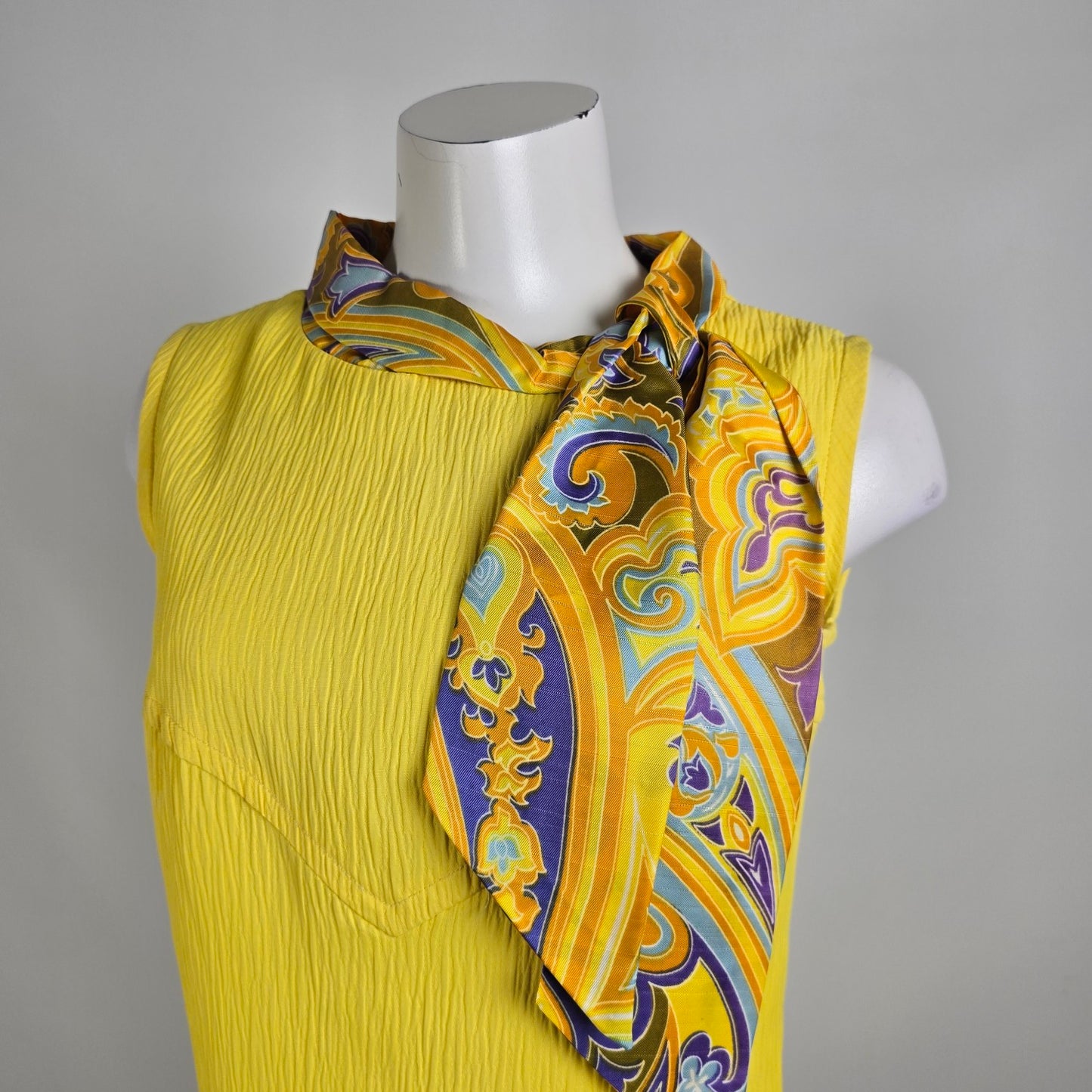 Vintage 70s Yellow Neck Tie Shift Dress Size M