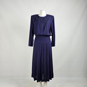 Vintage Karin Stevens Navy Blue Midi Dress Size 13/14