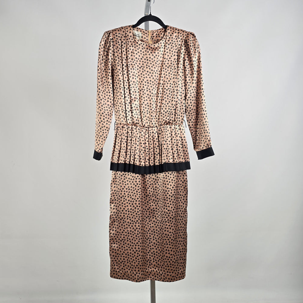 Vintage Orite Brown Floral Print Silky Peplum Midi Dress Size 3/4