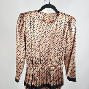 Vintage Orite Brown Floral Print Silky Peplum Midi Dress Size 3/4