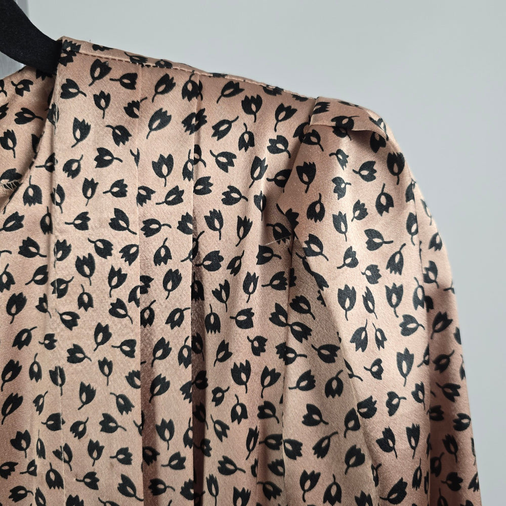 Vintage Orite Brown Floral Print Silky Peplum Midi Dress Size 3/4