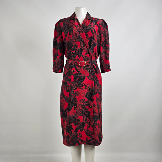 Vintage Red Floral Double Breasted Trench Dress Size M/L