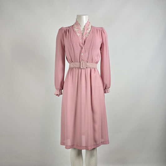 Vintage Pink Lace Collar Midi Dress Size S