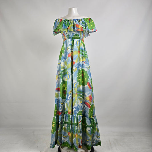 Vintage Pantel Tropical Floral Off Shoulder Maxi Dress Size 11