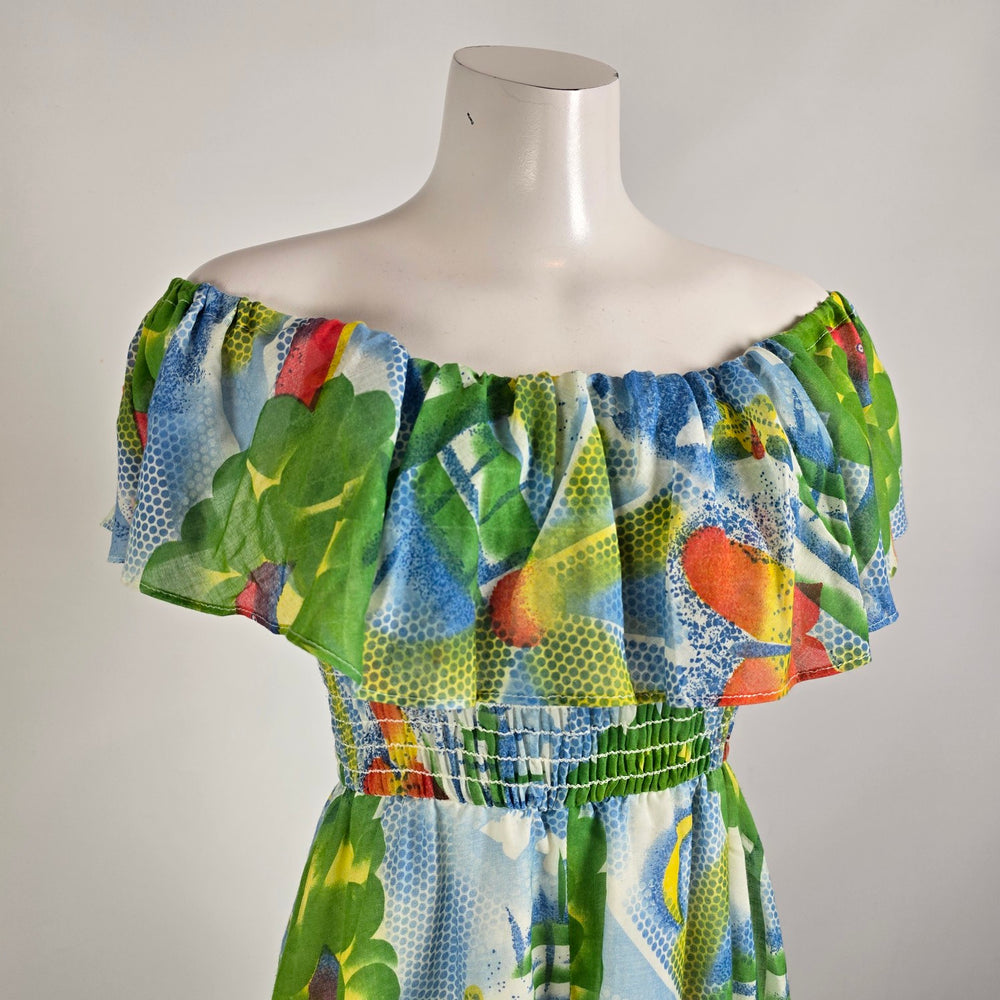 Vintage Pantel Tropical Floral Off Shoulder Maxi Dress Size 11