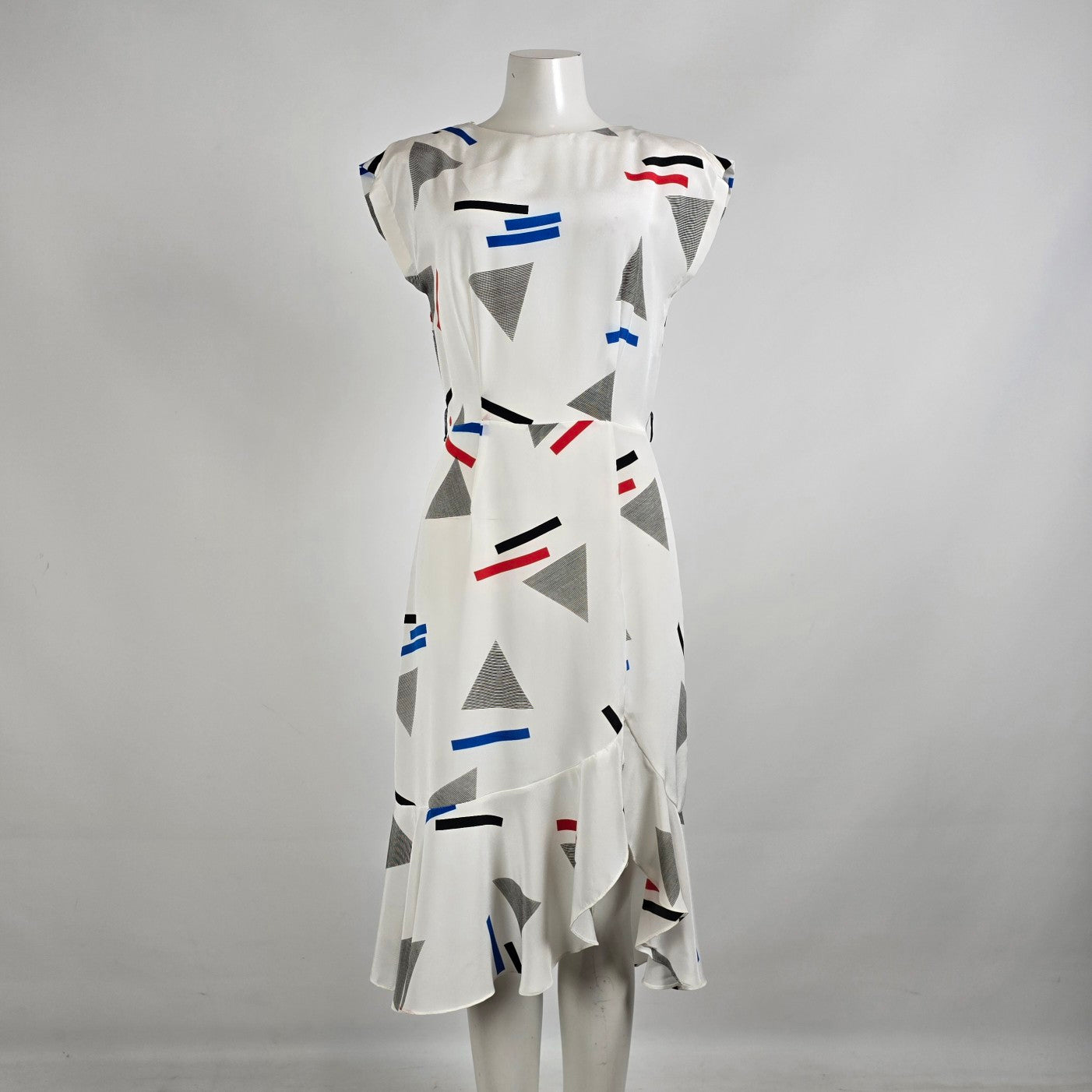Vintage White Geometric Print Frill Detail Midi Dress Size M