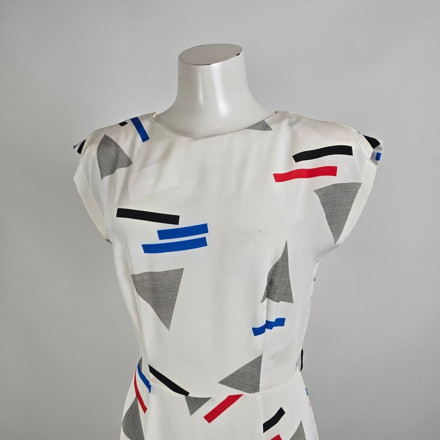 Vintage White Geometric Print Frill Detail Midi Dress Size M