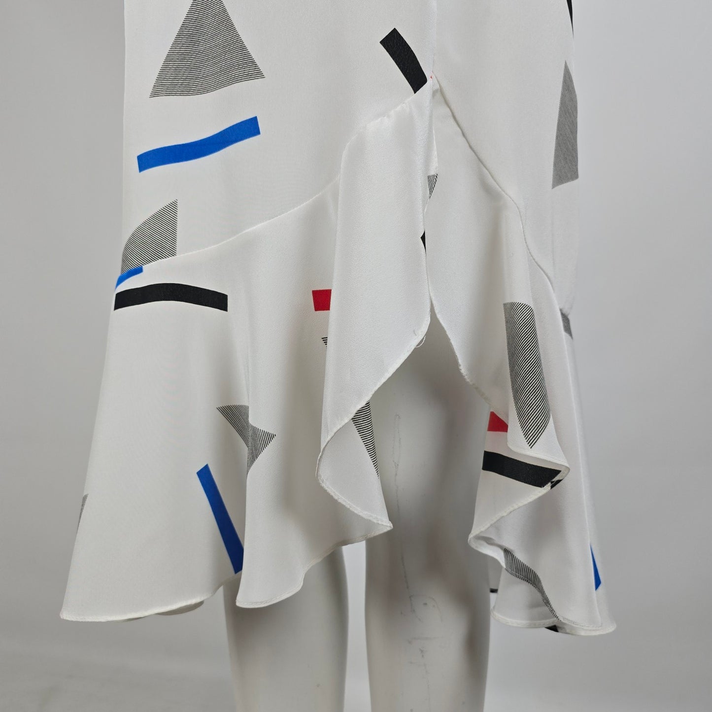 Vintage White Geometric Print Frill Detail Midi Dress Size M