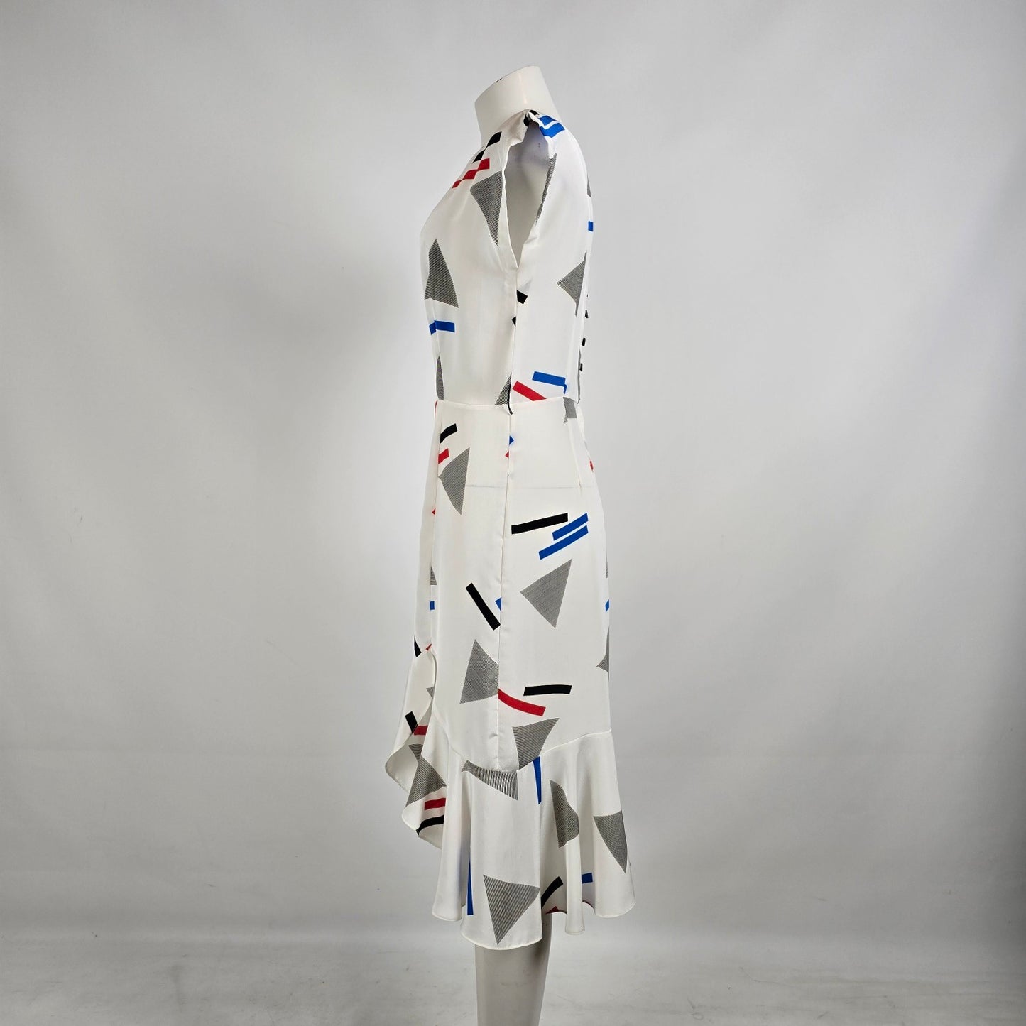 Vintage White Geometric Print Frill Detail Midi Dress Size M