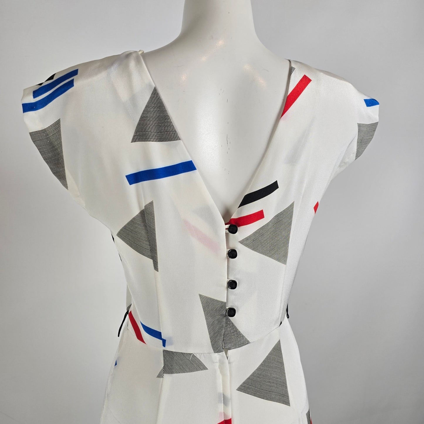 Vintage White Geometric Print Frill Detail Midi Dress Size M