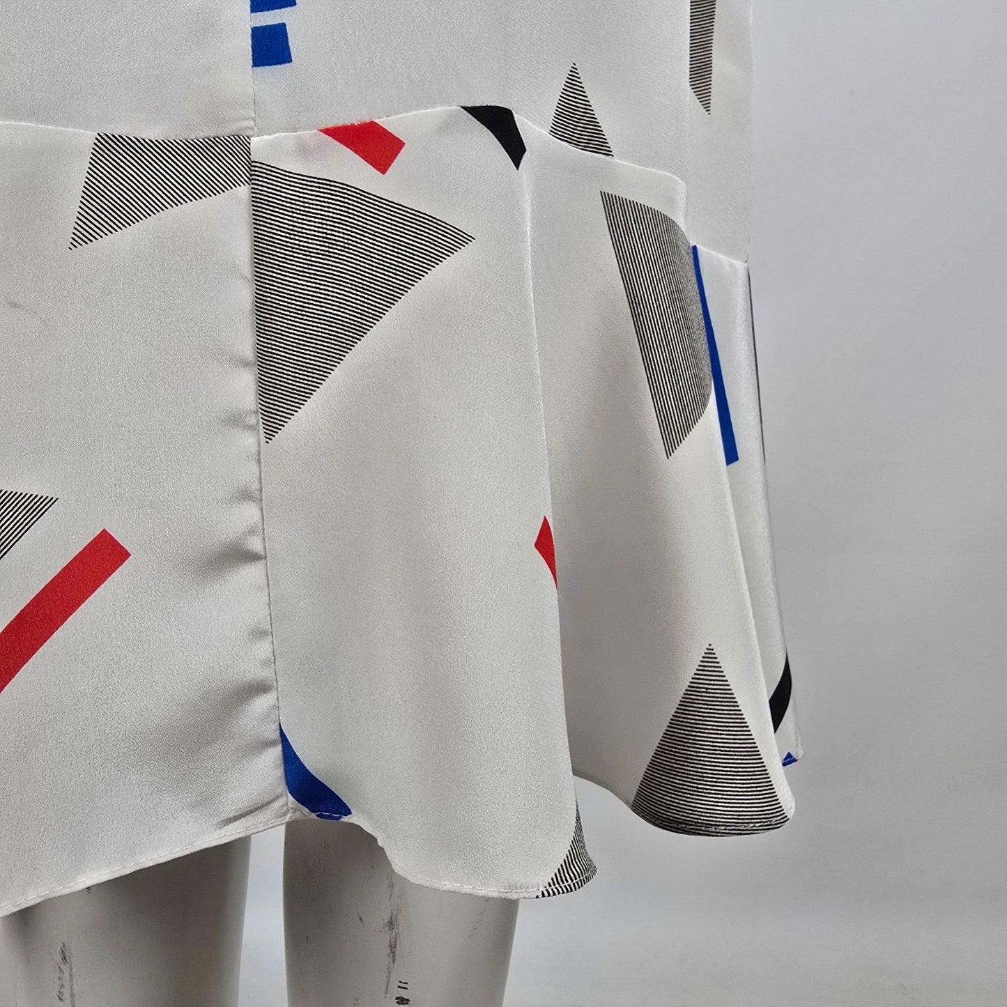 Vintage White Geometric Print Frill Detail Midi Dress Size M