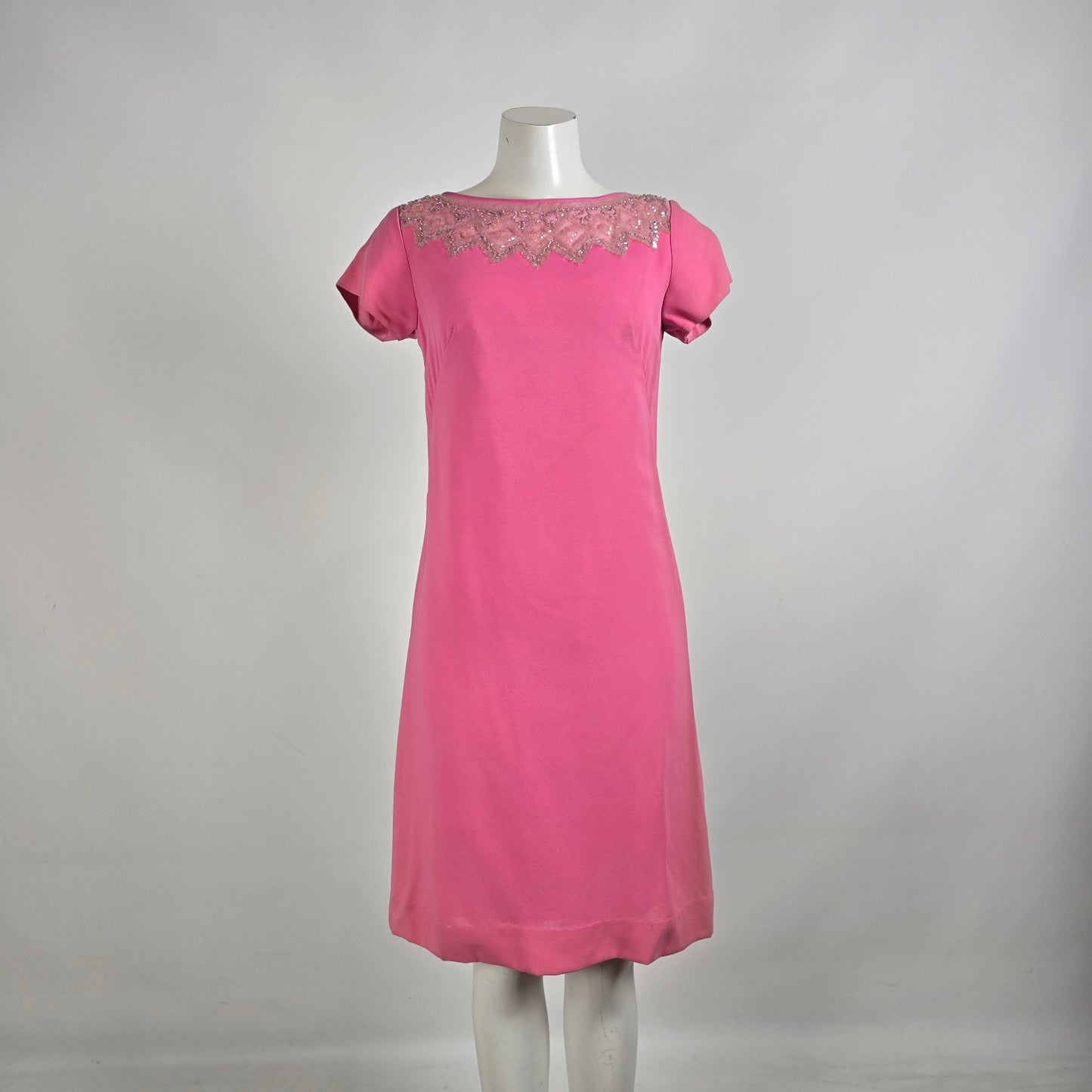 Vintage 60s Pink Sequined Neckline Shift Dress Size M