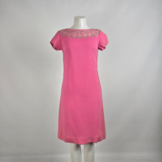 Vintage 60s Pink Sequined Neckline Shift Dress Size M