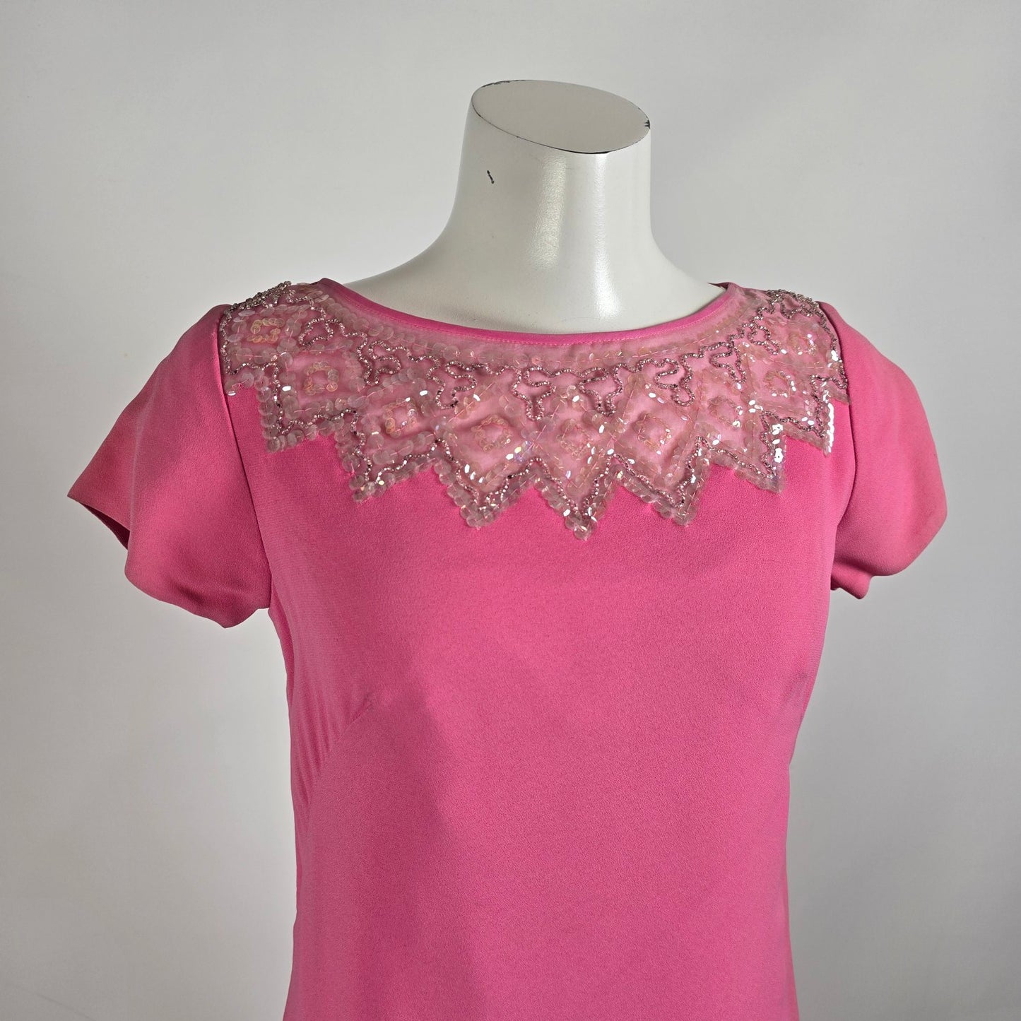 Vintage 60s Pink Sequined Neckline Shift Dress Size M