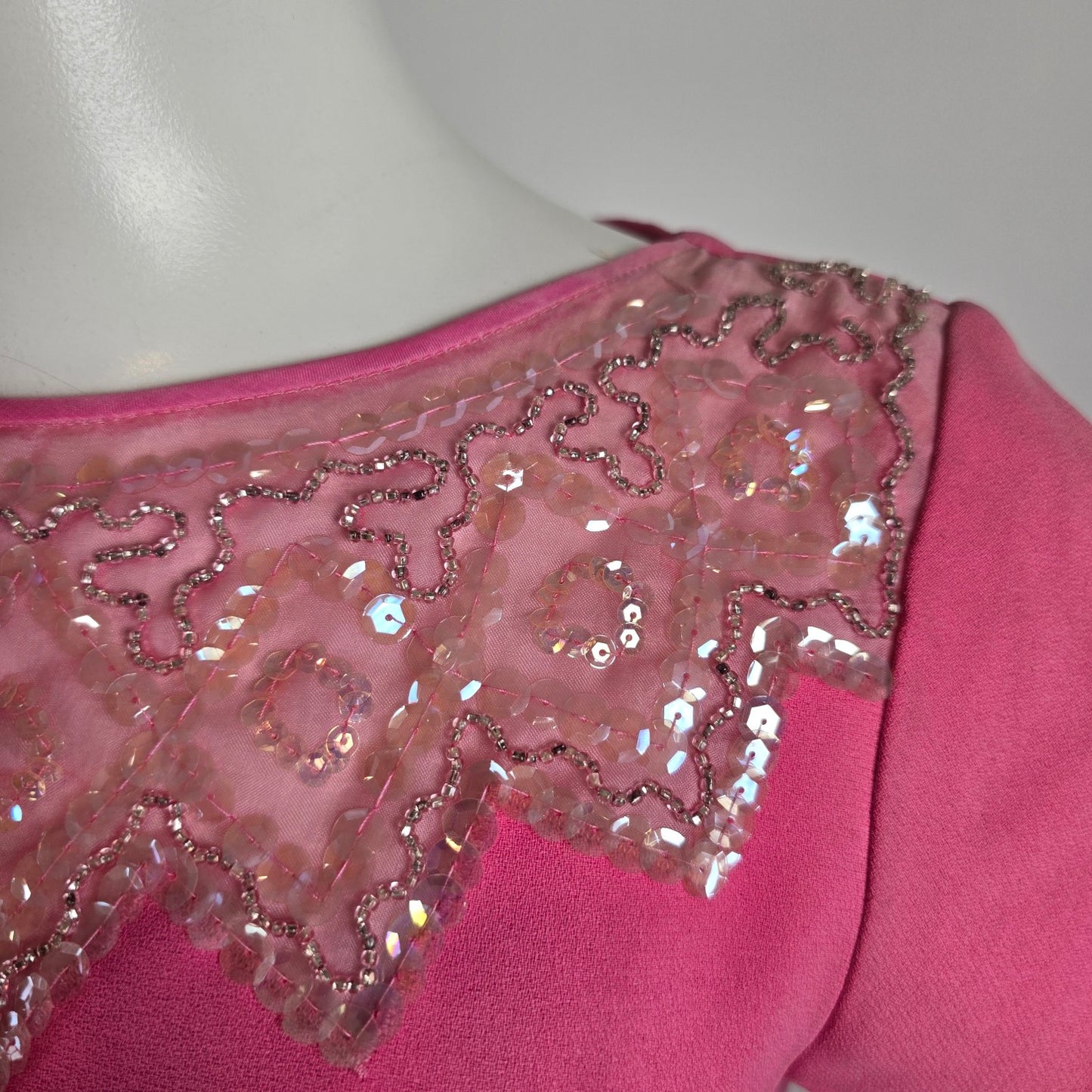 Vintage 60s Pink Sequined Neckline Shift Dress Size M