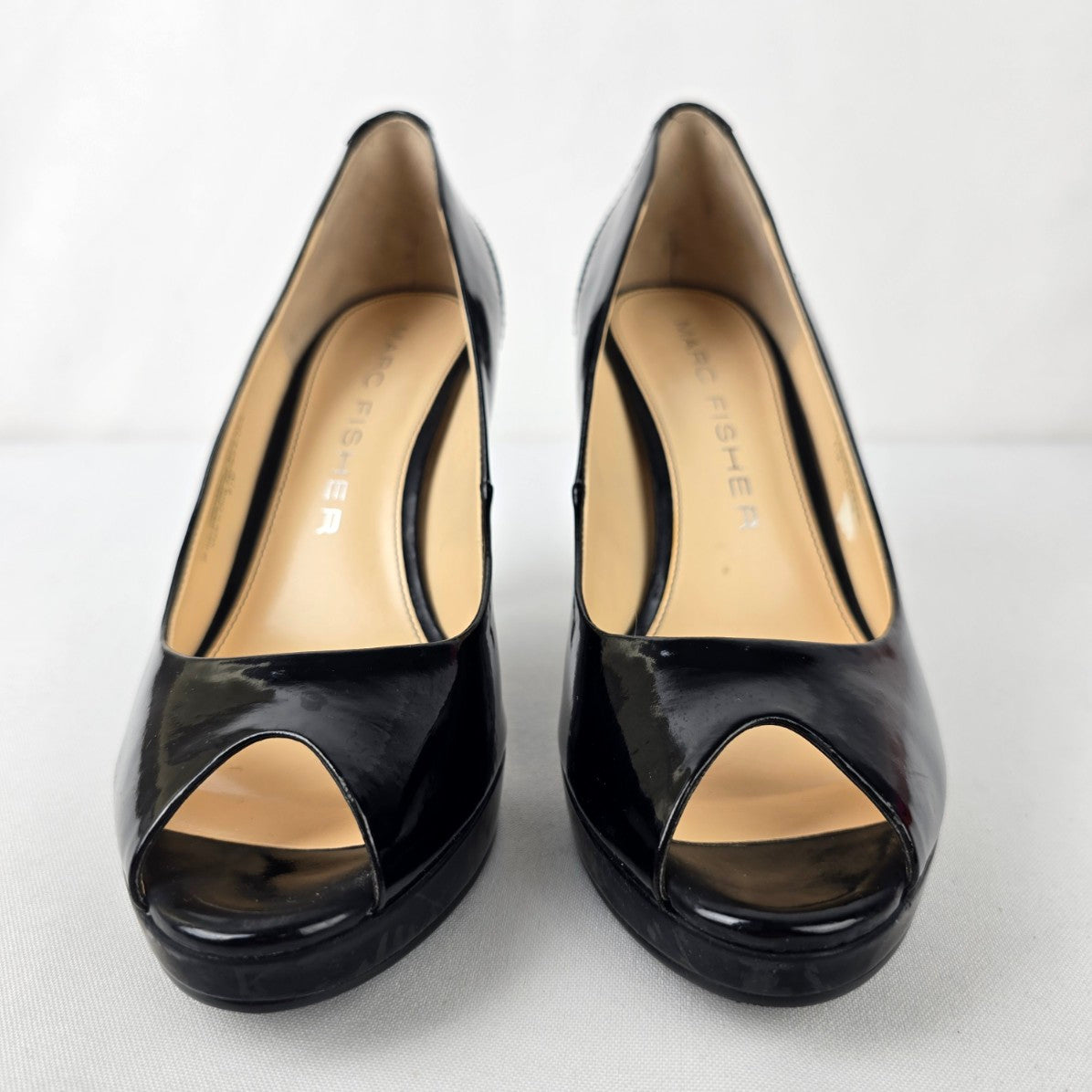 Marc Fisher Black Patent Peep Toe Heeled Shoes Size 6.5