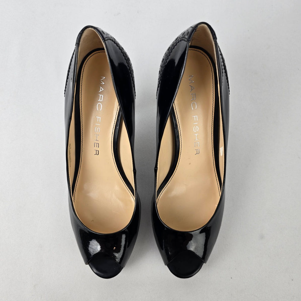 Marc Fisher Black Patent Peep Toe Heeled Shoes Size 6.5
