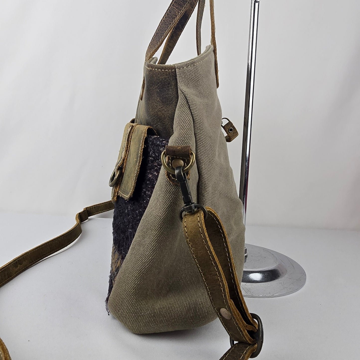 Myra Bag Leather & Canvas Tweed Grey Shoulder Purse
