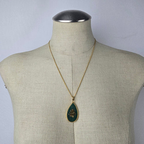 Vintage Chinese Longevity Green & Gold Pendant Necklace