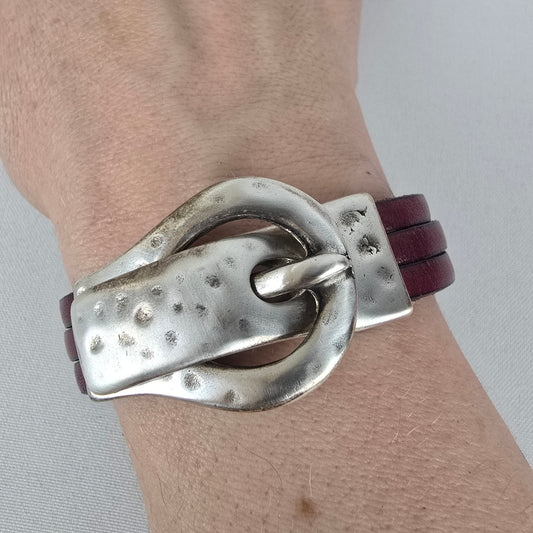 Burgundy Leather Sterling Belt Bracelet
