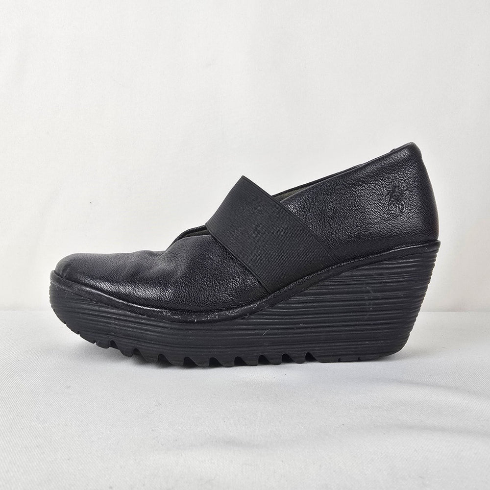 Fly London Black Leather Elastic Mary Jane Wedge Heel Shoes Size 7