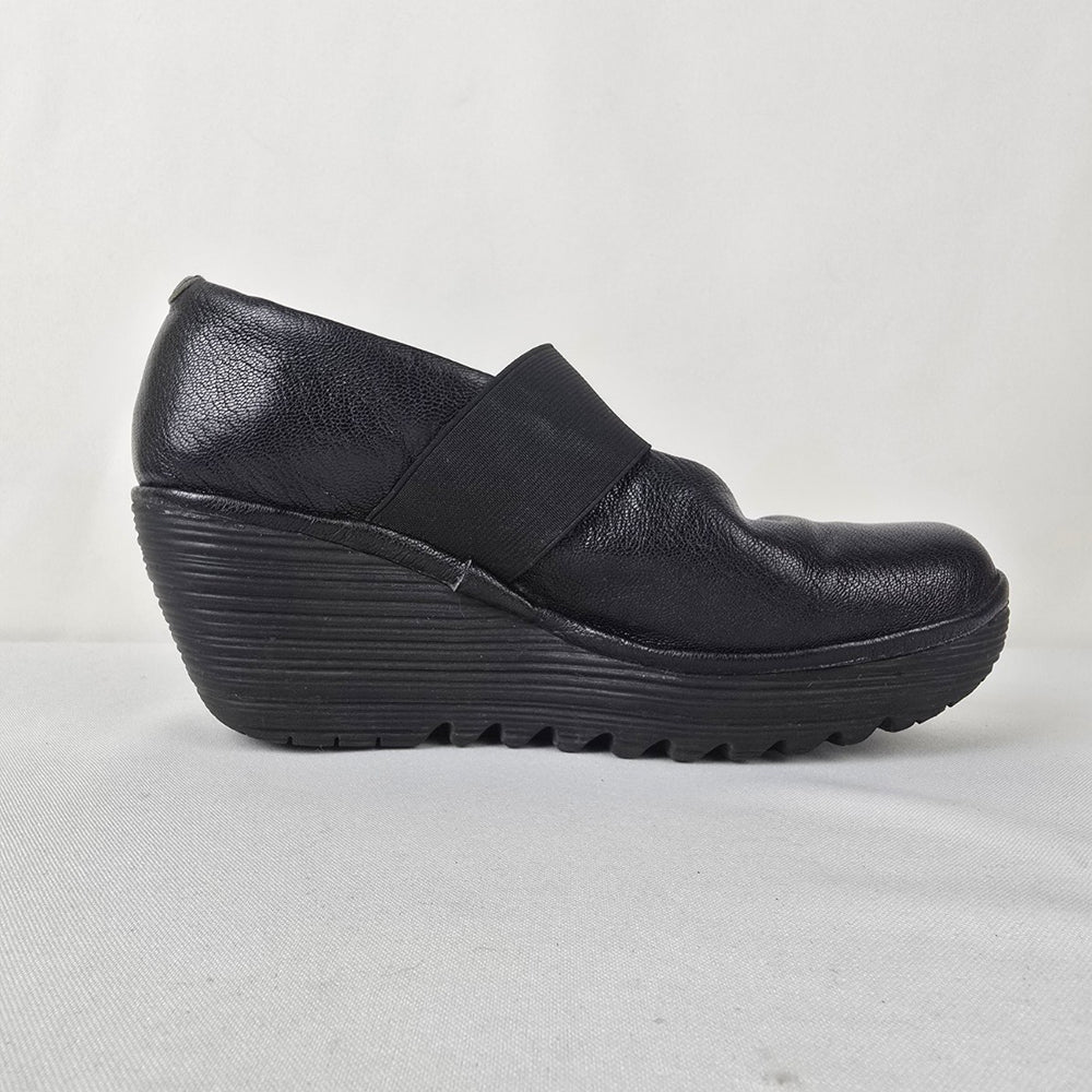 Fly London Black Leather Elastic Mary Jane Wedge Heel Shoes Size 7