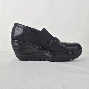 Fly London Black Leather Elastic Mary Jane Wedge Heel Shoes Size 7