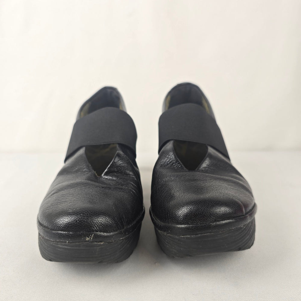 Fly London Black Leather Elastic Mary Jane Wedge Heel Shoes Size 7