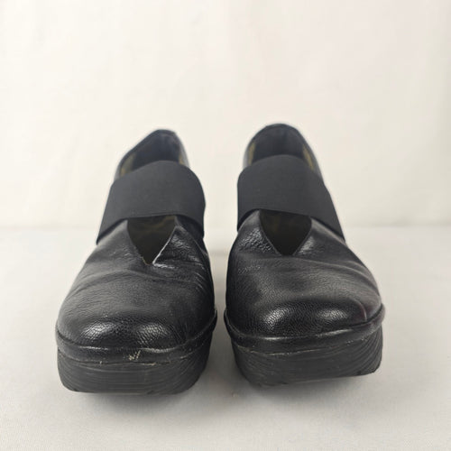 Fly London Black Leather Elastic Mary Jane Wedge Heel Shoes Size 7