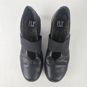 Fly London Black Leather Elastic Mary Jane Wedge Heel Shoes Size 7