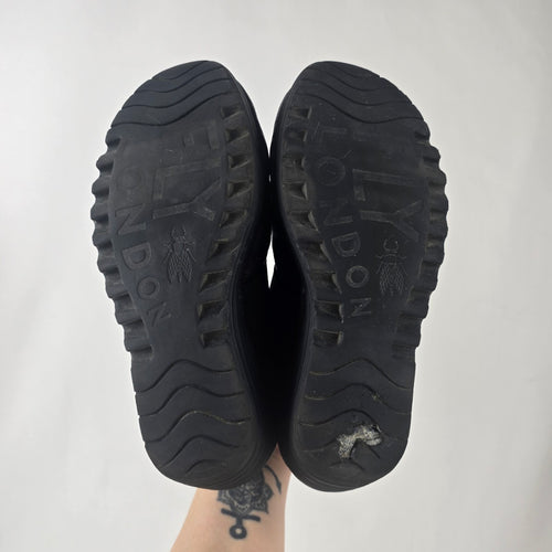 Fly London Black Leather Elastic Mary Jane Wedge Heel Shoes Size 7