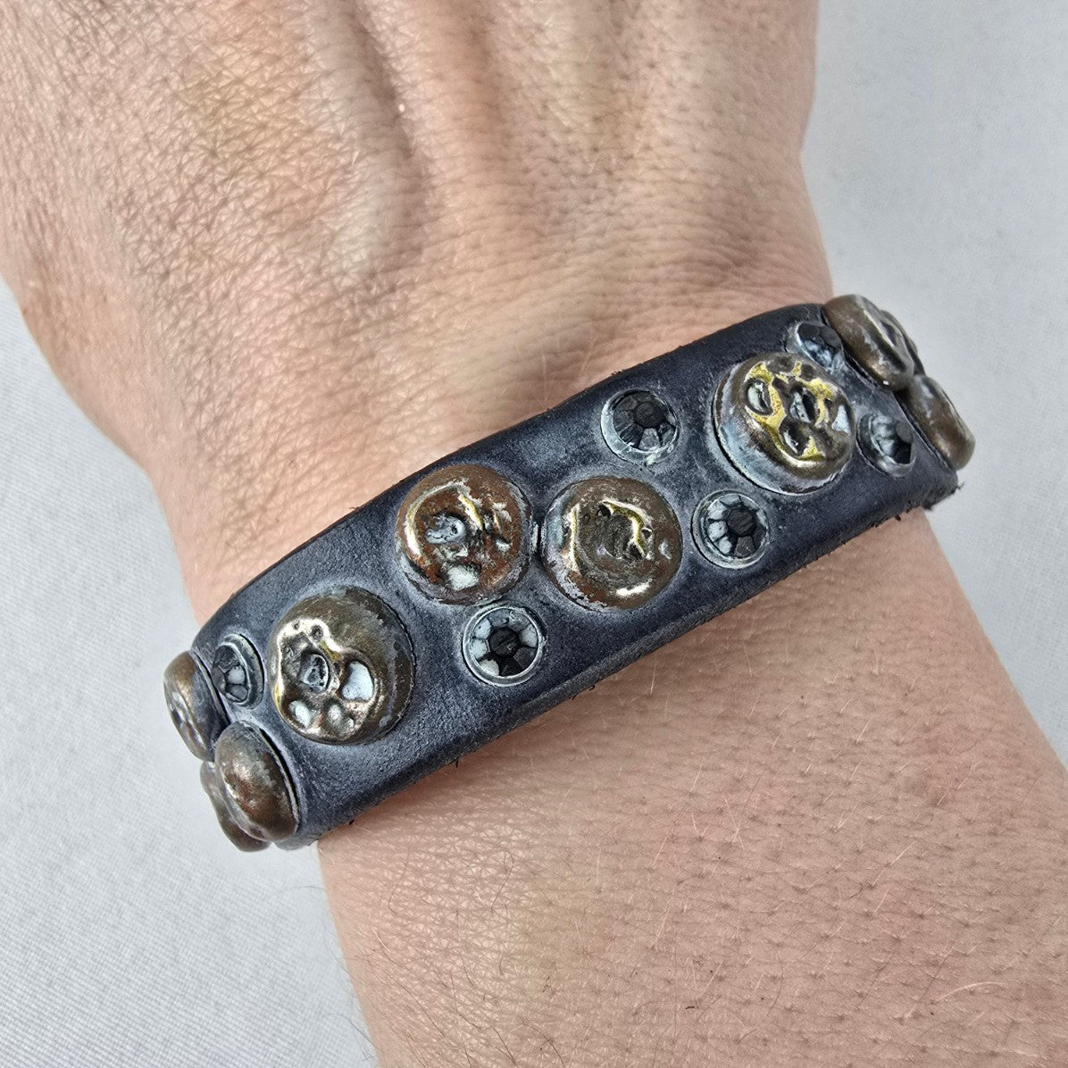 Dark Blue Leather Studded Snap Bracelet